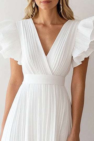 Ivory Chiffon A Line Pleated Short Formal Dress with Ruffles